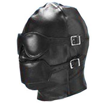 Black Leather Hood with Gag and Blindfold