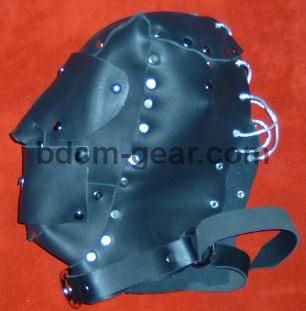 Black Leather Hood with Gag and Blindfold