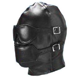 deluxe leather hood with gag and blindfold