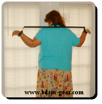 spreader bar with cuffs and collar as seen in the secretary for bdsm fetish gothic gorean submissive and slave bondage