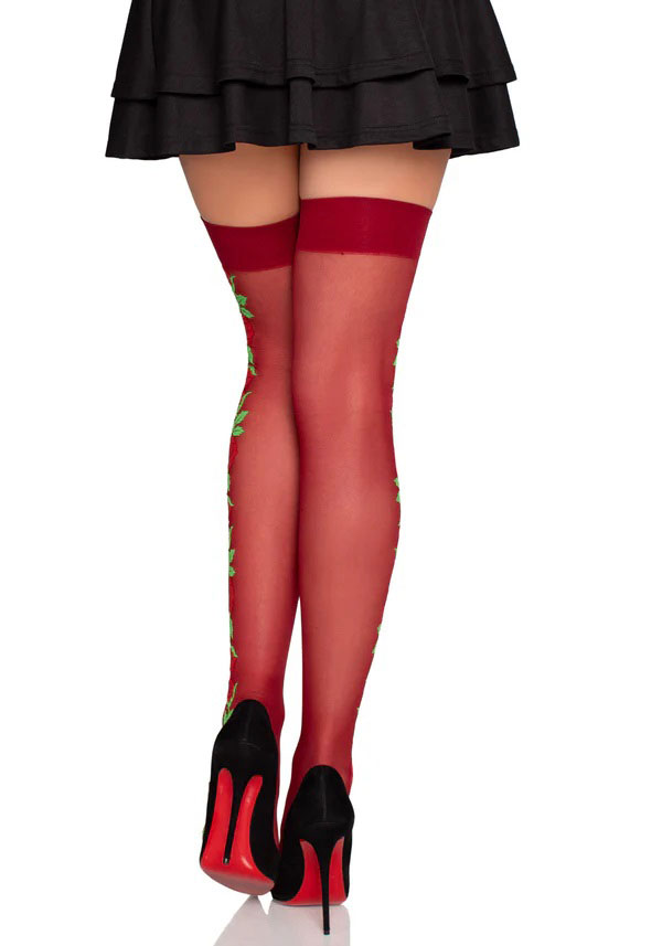 Spandex Thigh Highs With Roses - Os - Burgundy