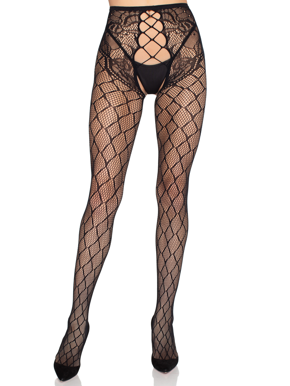 Faux Layer Net Tights With Crotchless Floral Panty - Os - Black