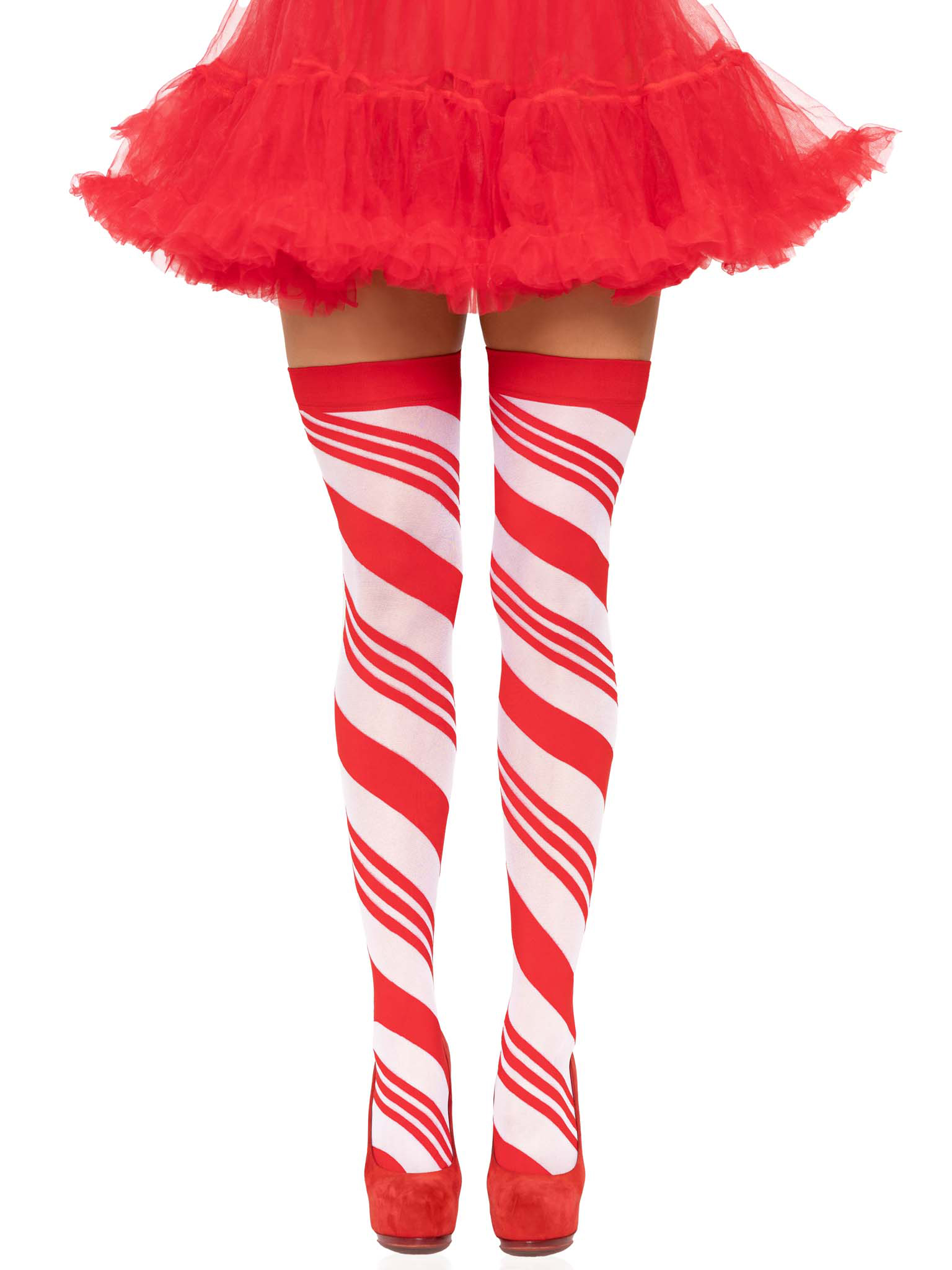 Candy Cane Thigh High - One Size - White/red