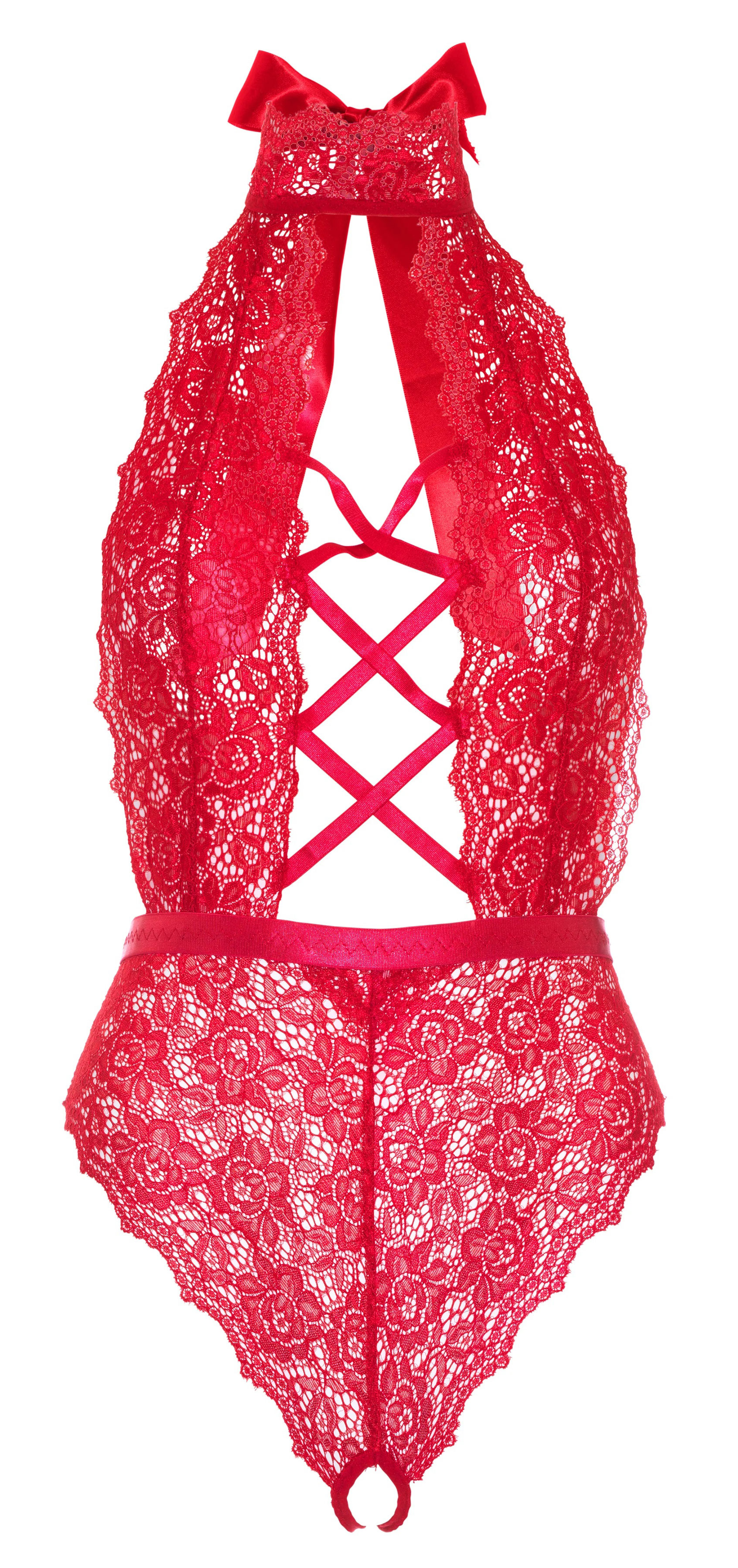 Floral Lace Crotchless Teddy - 1x/2x - Red