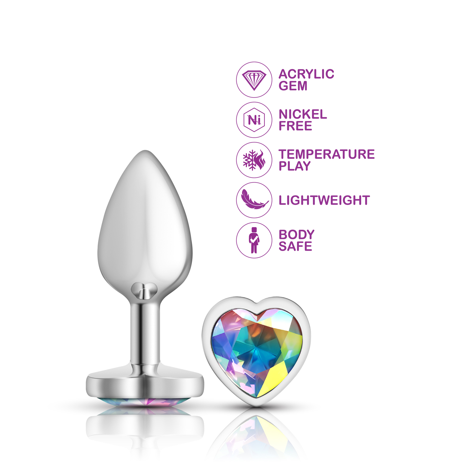 Clear Iridescent Heart Gem Silver Metal Plug - Sm