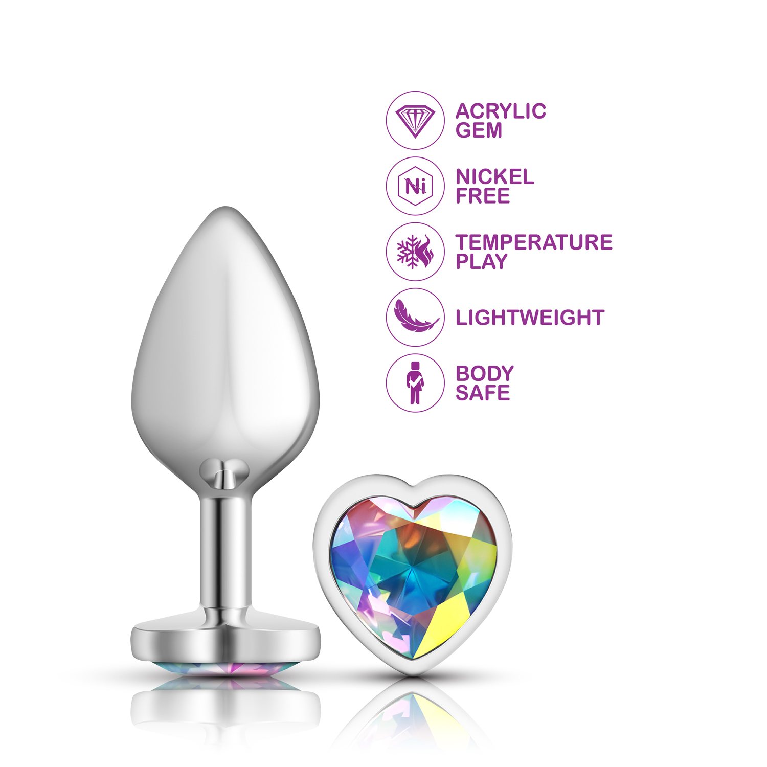 Clear Iridescent Heart Gem Silver Metal Plug - Md