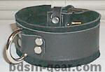 Black leather bondage collar with black suede lining and D-ring