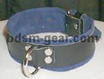 Black leather bondage collar with blue suede lining and D-ring