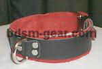 Black leather bondage collar with red suede lining and single D-ring