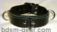 Triple D-ring slave bondage collar in black leather with black suede lining