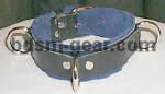 Black leather slave bondage collar with blue suede lining and triple D-rings