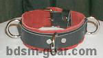 Red suede-lined slave bondage collar with black leather and 3 D-rings