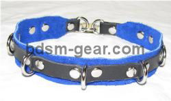 Locking bondage collar with blue suede lining and six D-rings