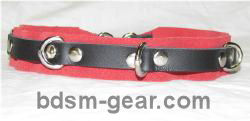 Locking bondage collar with red suede lining and six D-rings