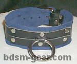 Submissive bondage collar with blue suede lining and single O-ring for restraint