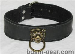 Black leather collar with black suede lining and bronze lion head and ring