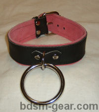 Pink suede-lined submissive bondage collar with bold O-ring detail