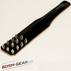 small spiked leather paddle with metal studs black bdsm impact toy