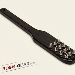 small spiked leather paddle with metal studs black bdsm impact toy